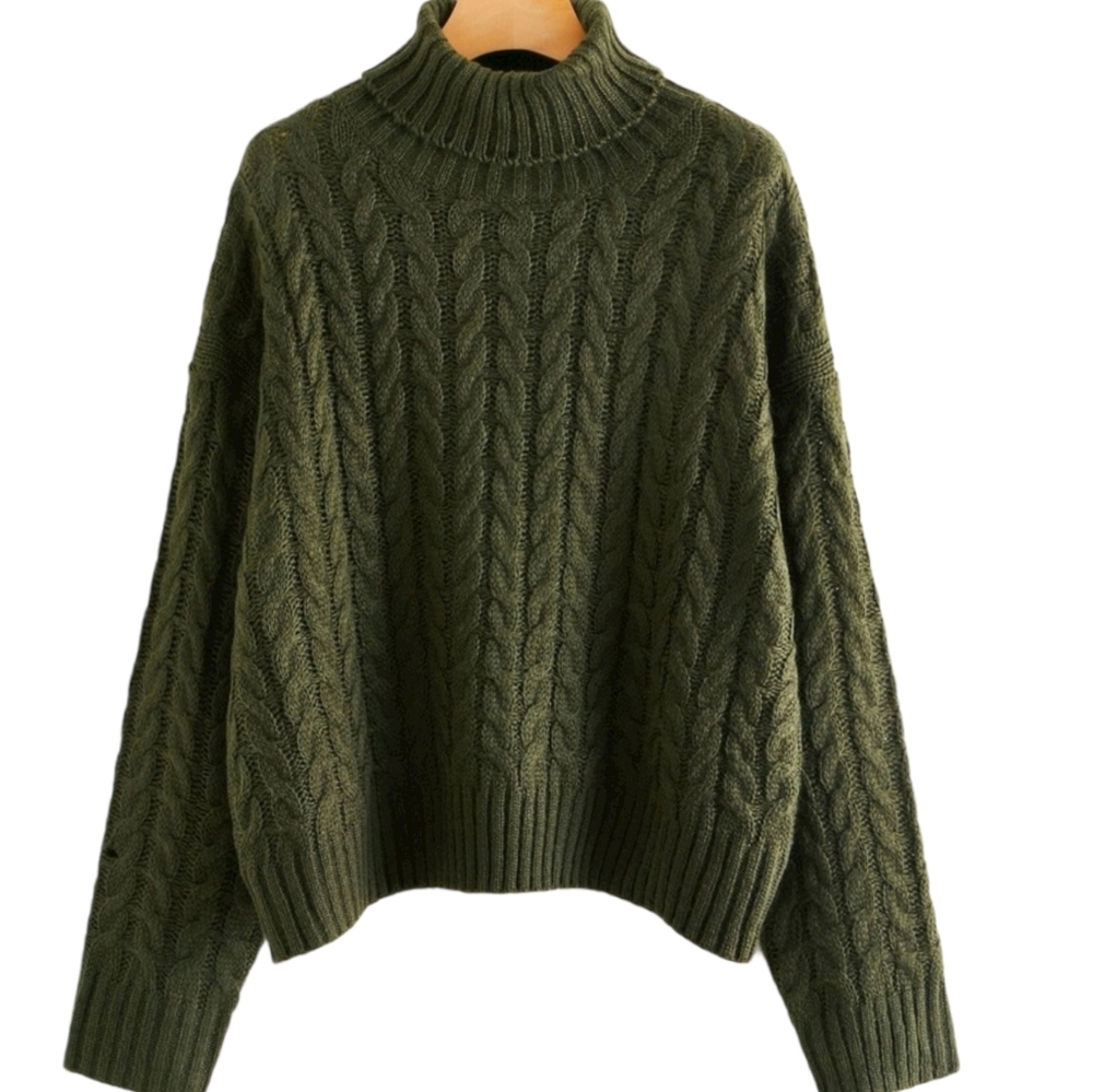 Shein - cableknit, turtleneck sweater - green